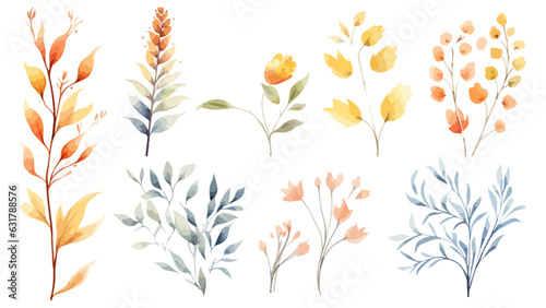 Set watercolor elements of pink roses; collection garden flowers; leaves; branches. Botanic Wedding floral design. Collection of greenery leaf plant forest herbs tropical leaves.