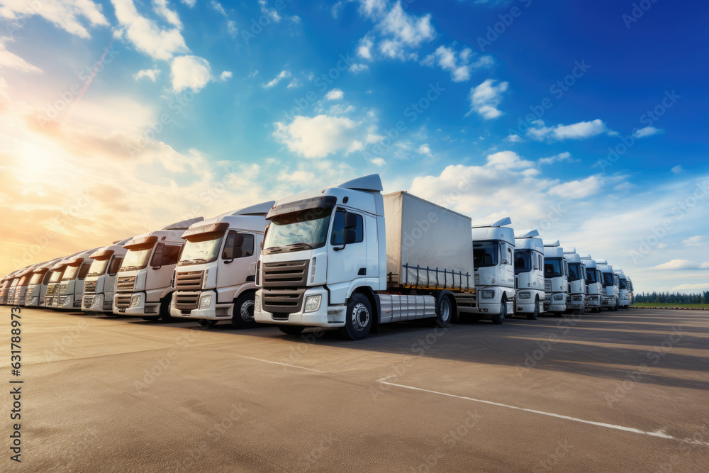 Trucks parked lined, road freight industry logistics and transport