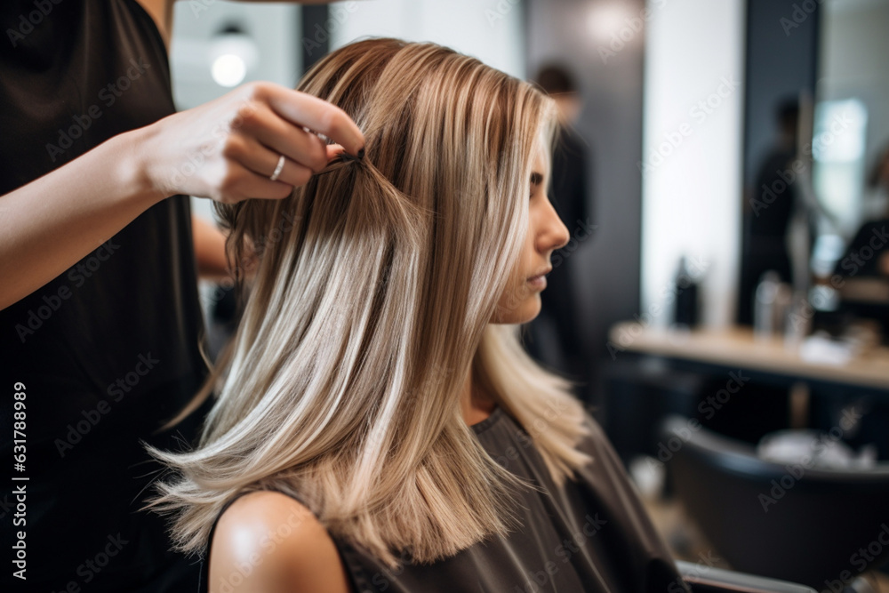 Hands of unrecognizable professional hairdresser drying hair of her client, new haircut, blonde female customer - obrazy, fototapety, plakaty 