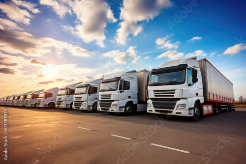 Trucks parked lined, road freight industry logistics and transport