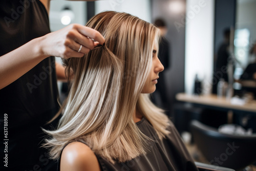 Hands of unrecognizable professional hairdresser drying hair of her client, new haircut, blonde female customer photo