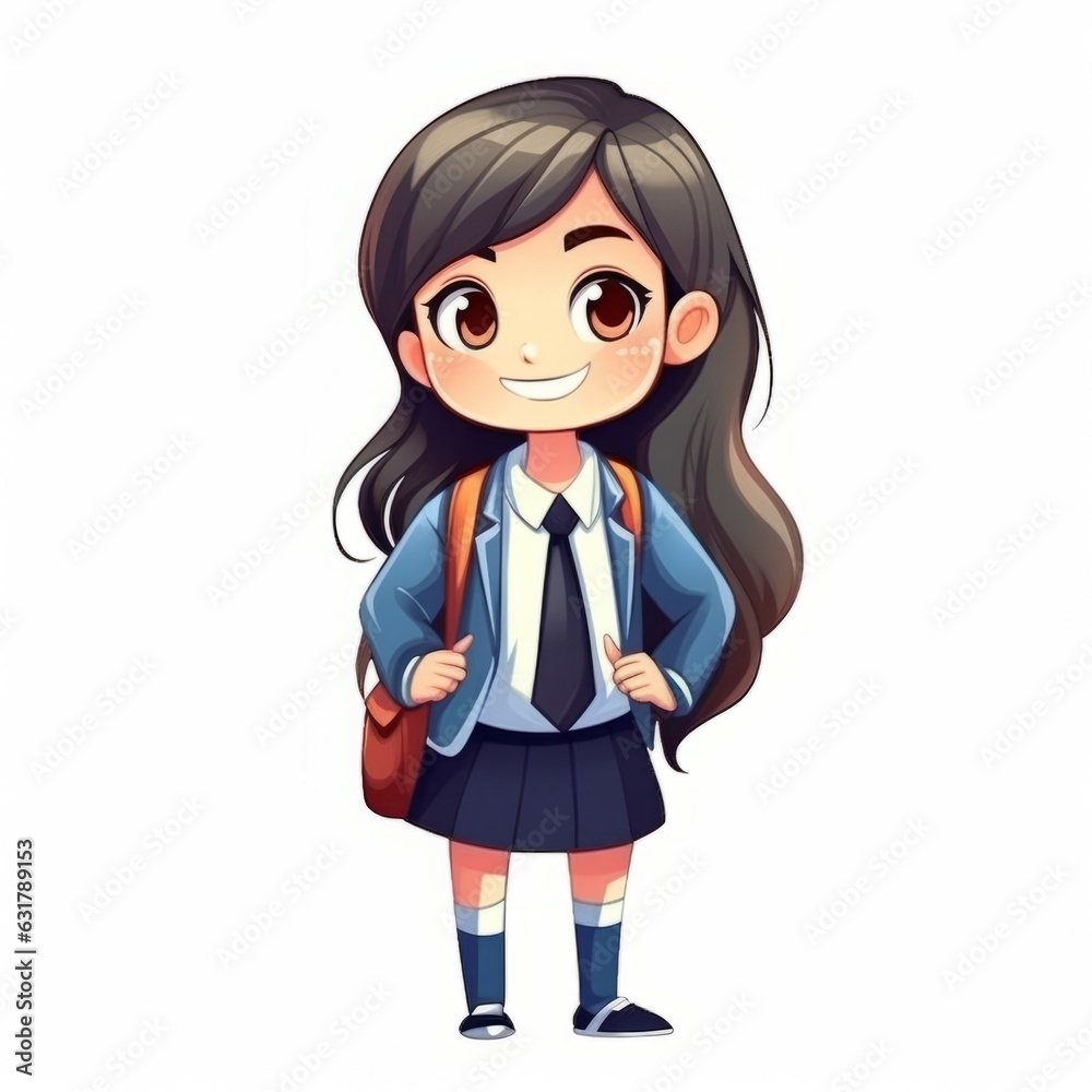 Cute happy little white girl with long hair with school backpack. Back to school concept. Joy schoolgirl dressed in elegant school suit with backpack on white background. Vector cartoon illustration. Cute happy little white girl with long hair with school backpack. Back to school concept. Joy schoolgirl dressed in elegant school suit with backpack on white background. Vector cartoon illustration.