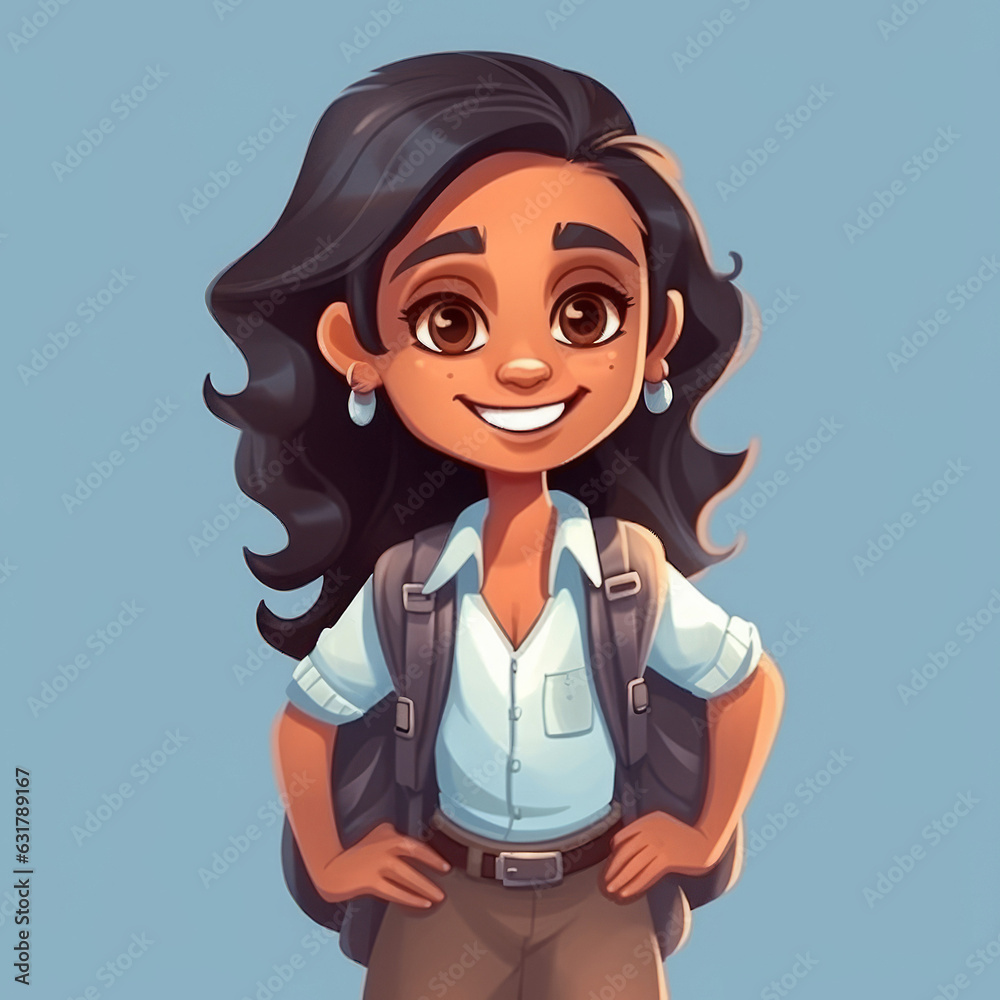 Cute happy little indian girl with long hair with school backpack. Back to school concept. Joy schoolgirl dressed in elegant school suit with backpack on blue background. Vector cartoon illustration Cute happy little indian girl with long hair with school backpack. Back to school concept. Joy schoolgirl dressed in elegant school suit with backpack on blue background. Vector cartoon illustration
