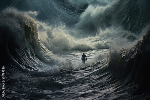 A man walking through the water with the waves parted.