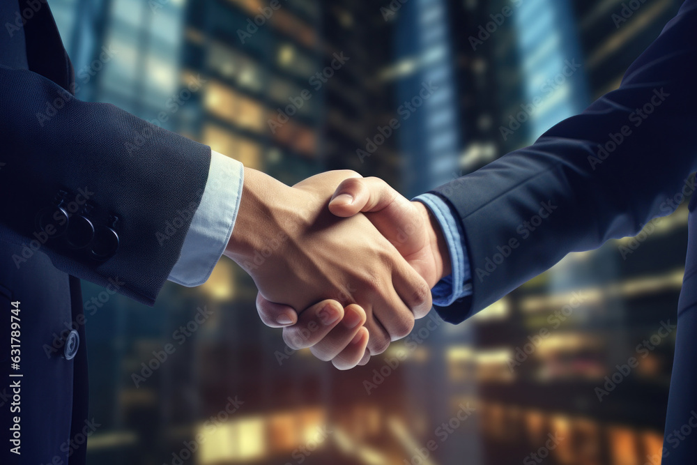 Partnership. two business people shaking hand after business job interview in city background, negotiation, investor, success, partner, teamwork, financial, connection concept, Generative AI