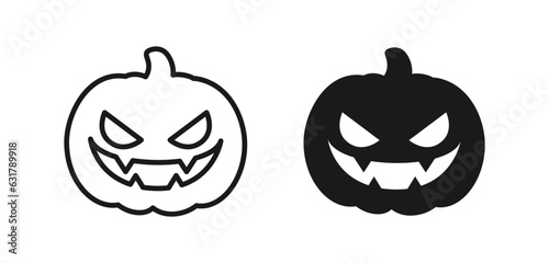 Cute simple jack o lantern outline and silhouette icon set. Halloween evil pumpkin trick or treat sign symbol. Vector Illustration.