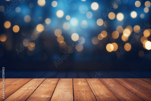 empty brown wooden floor or wood board table with blurred abstract night light bokeh background, copy space for display of product or object presentation, Generative AI