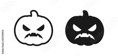 Cute simple jack O lantern outline and silhouette icon set. Halloween evil pumpkin trick or treat sign symbol. Vector Illustration.