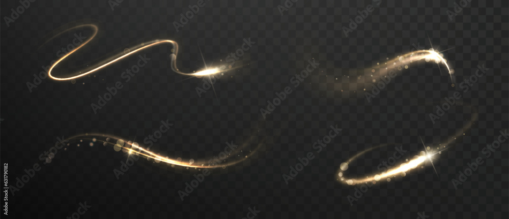 Golden flash with glittering dust and shimmery particles. Christmas shooting star trail, shining light effects.