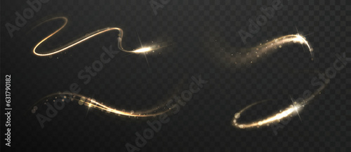Golden flash with glittering dust and shimmery particles. Christmas shooting star trail, shining light effects.