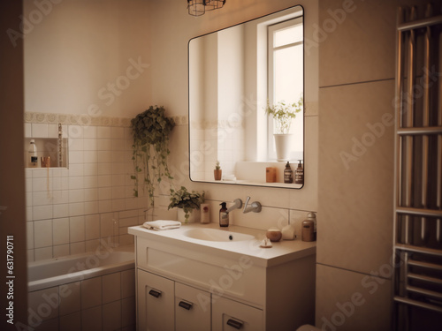 Cozy and comforting beige bathroom design. AI Generate. 