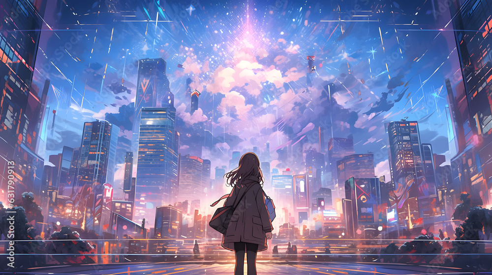 Fototapeta premium A pretty Anime girl, standing in the middle of a bustling city street, surrounded by skyscrapers, manga anime style illustration. Generative Ai