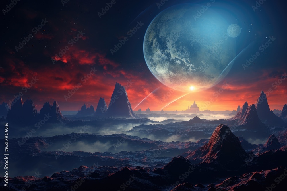 Fantasy alien planet. Mountain and moon. 3D illustration. Generative Ai