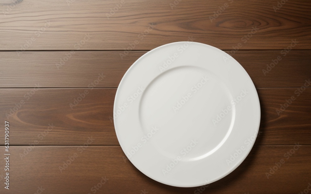 white plate seen from above on wooden table white plate seen from above on wooden table