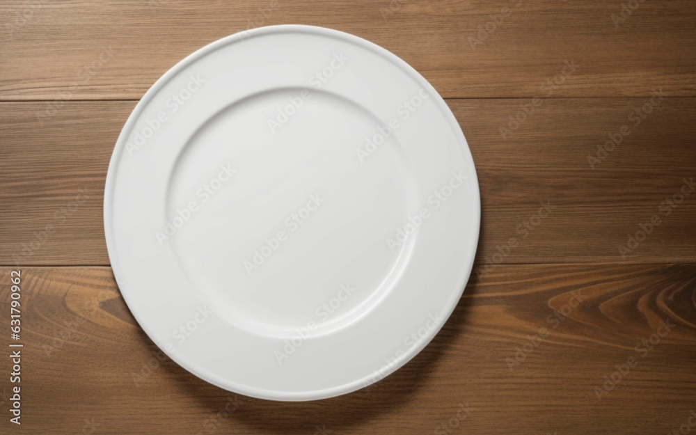 white plate seen from above on wooden table white plate seen from above on wooden table