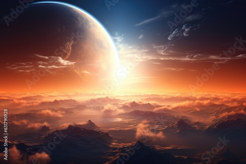 Fantasy alien planet. Mountain and sunset. 3D illustration. Generative Ai