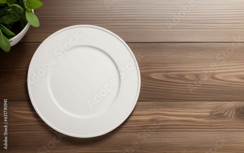 Fototapeta white plate seen from above on wooden table