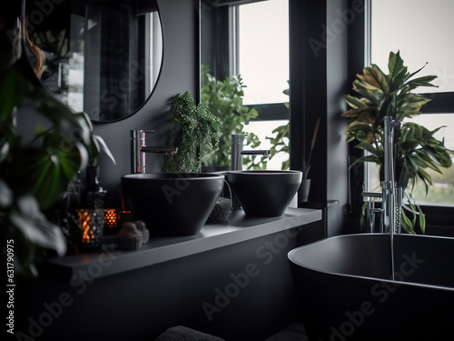 Modern black bathroom with stylish elements. AI Generate. 