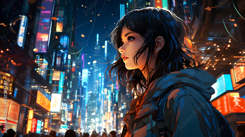 Fototapeta premium A pretty Anime girl, standing in the middle of a bustling city street, surrounded by skyscrapers, manga anime style illustration. Generative Ai