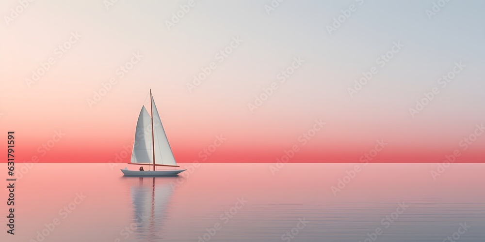 Minimalist sailing background of a sailboat reflecting on the still water. A lonely sailing boat floating in the ocean. Generative AI.