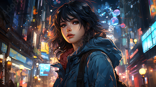 A pretty Anime girl, standing in the middle of a bustling city street, surrounded by skyscrapers, manga anime style illustration. Generative Ai © apfan