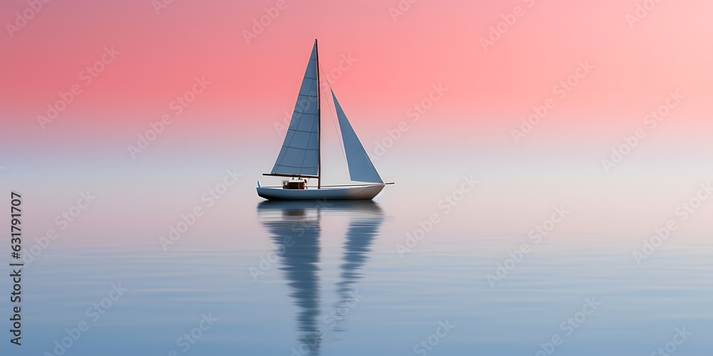 Minimalist sailing background of a sailboat reflecting on the still water. A lonely sailing boat floating in the ocean. Generative AI.