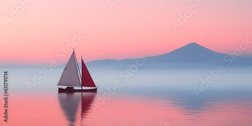 Sailboat on the sea at sunset with reflection in water. Minimalist sailing background. Generative AI.