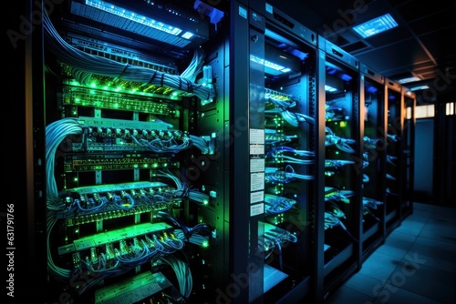 Network hardware. Server room Telecommunication technology. generative with Ai.