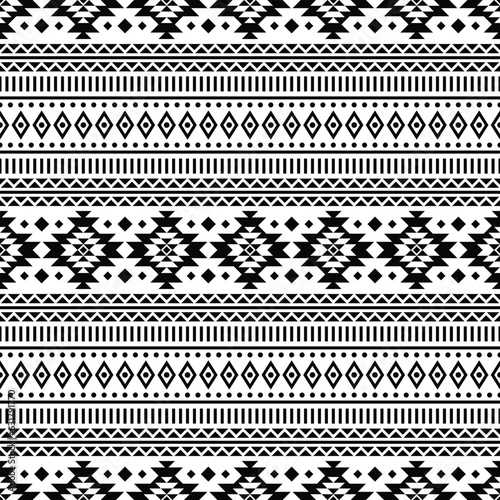 Aztec and Navajo tribal vector illustration. Seamless ethnic pattern design for textile and fabric print. Black and white colors.