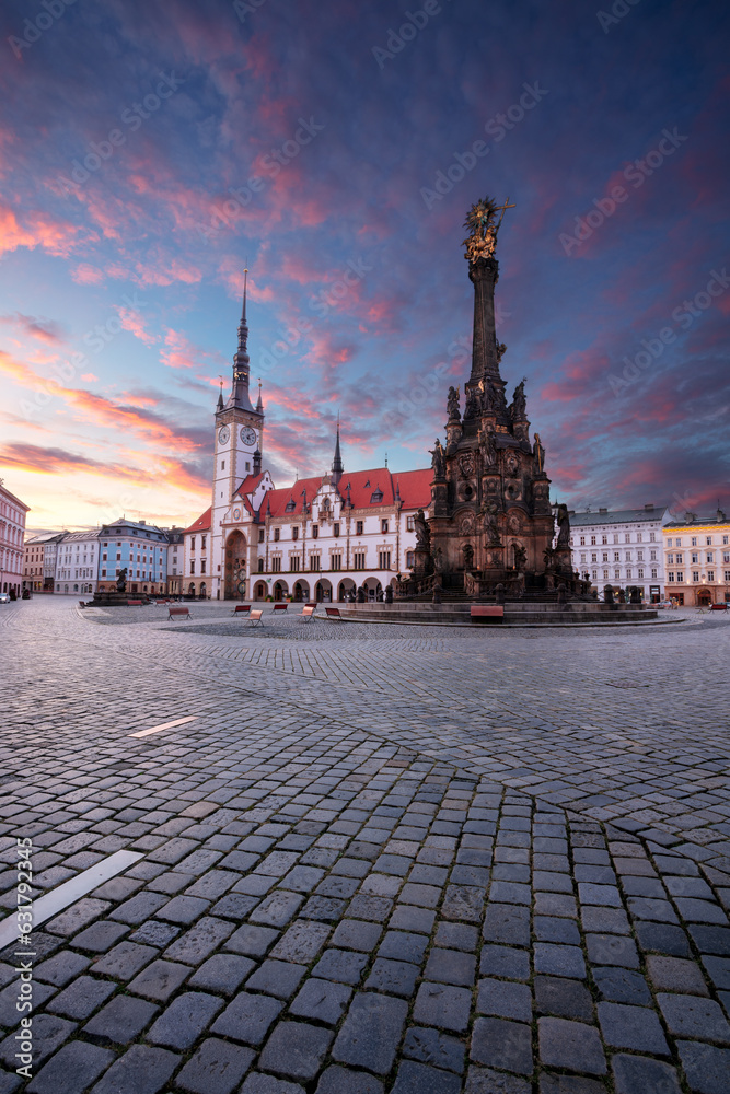 Olomouc, Czech Republic. Cityscape image of downtown Olomouc, Czech Republic with Olomouc City Hall and Honorary Holy Trinity Column at summer sunrise.