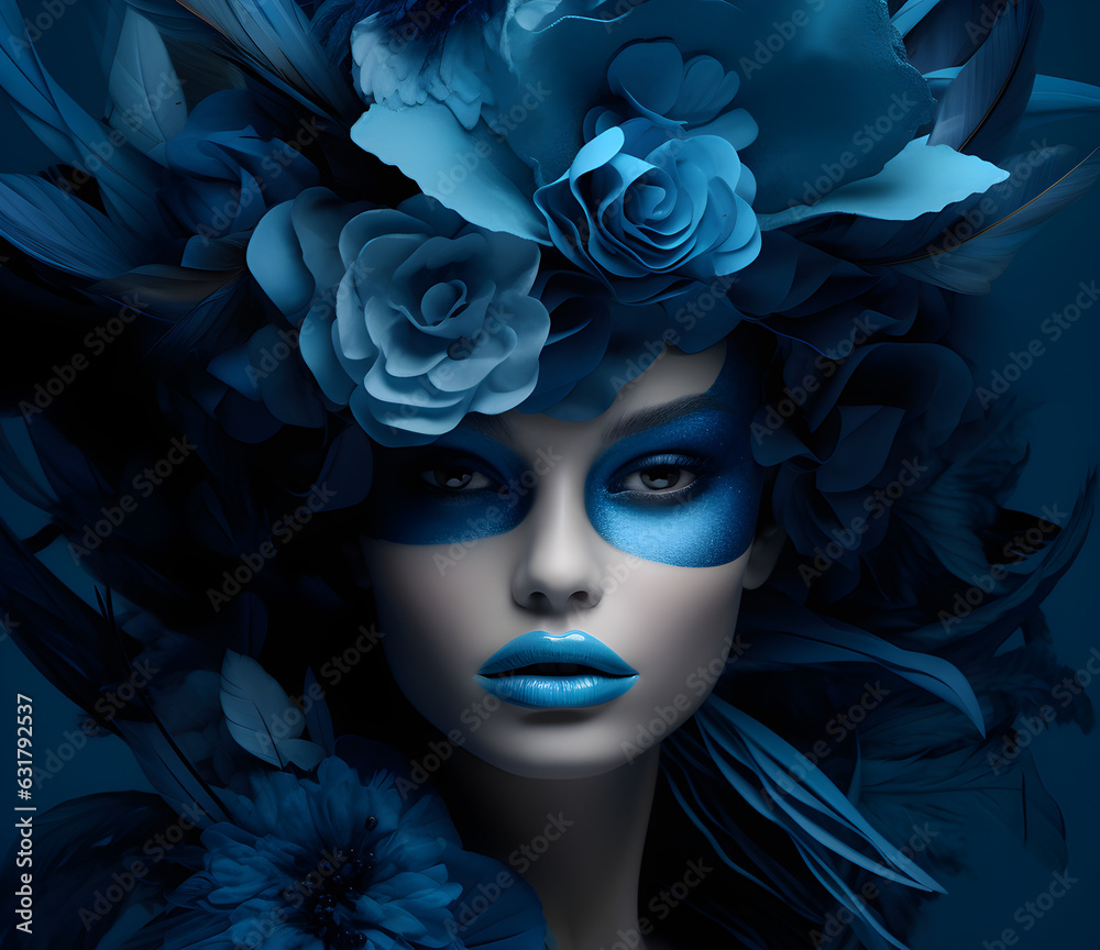 Woman Posing in Blue with Flowers AI Generated Photo
