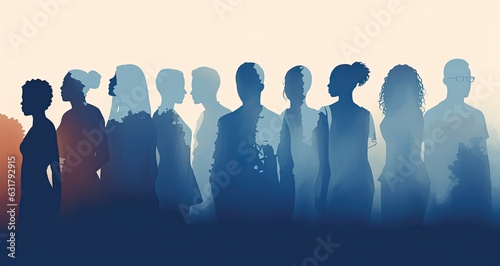 Colorful silhouettes of a diverse and multicultural community. Illustration of a multiethnic group of people.