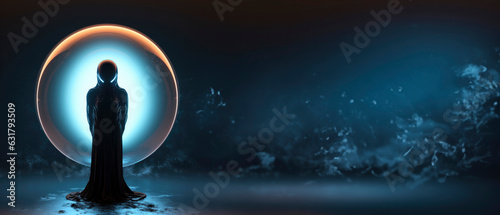 minimalist glowing sphere shaped ufo with alien figure outside on dark textured background with copy space