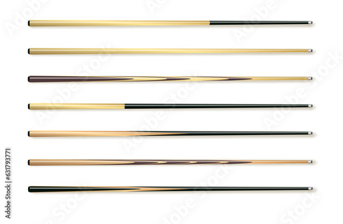 Cues for billiard, snooker realistic templates. Wooden sticks with various design for cuesports. Vector