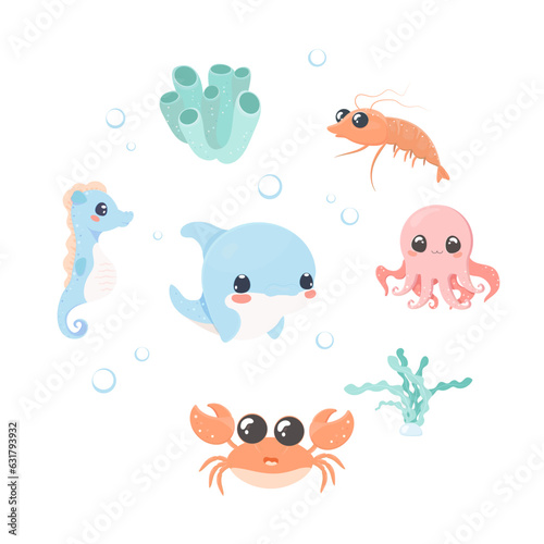 sea creatures clip art set cute vector