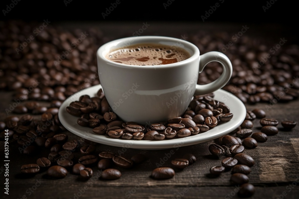Coffee Espresso Cup With Beans On Wooden Table Coffee Espresso Cup With Beans On Wooden Table