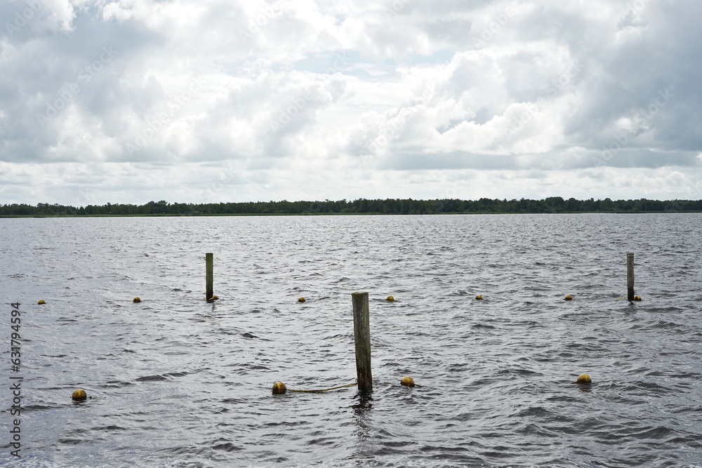 View at the lake 'Belterwijde' with some mooring posts, as seen from the road 'Blauwehandseweg' and near the Dutch village Giethoorn, summer 2023, Netherlands View at the lake 'Belterwijde' with some mooring posts, as seen from the road 'Blauwehandseweg' and near the Dutch village Giethoorn, summer 2023, Netherlands