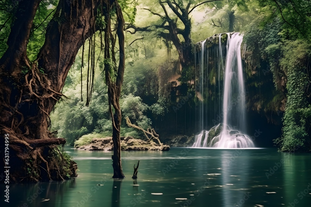 a beautiful waterfall view in a tropical forest