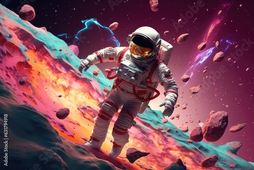 Astronaut is walking in space with universe background. Generative Ai. © annamaria
