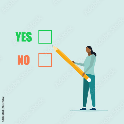 Compare a yes or no answer to a given question as a decision choice. business decision. The girl is holding a pencil. Flat vector illustration.
