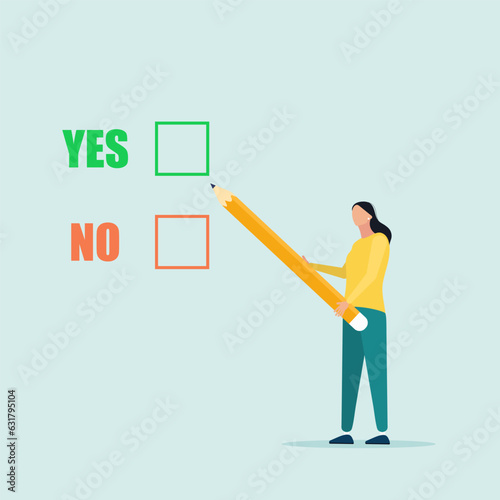 Compare a yes or no answer to a given question as a decision choice. business decision. The girl is holding a pencil. Flat vector illustration.
