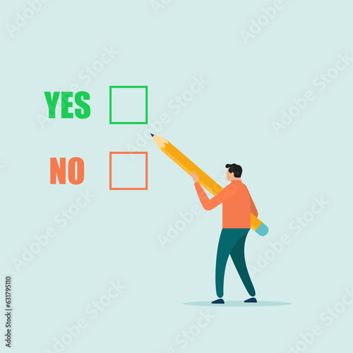 Compare a yes or no answer to a given question as a decision choice. business decision. The guy is holding a pencil. Flat vector illustration.
