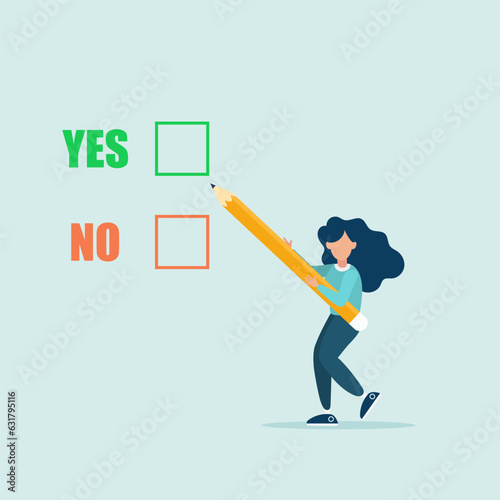 Compare a yes or no answer to a given question as a decision choice. business decision. The girl is holding a pencil. Flat vector illustration.

