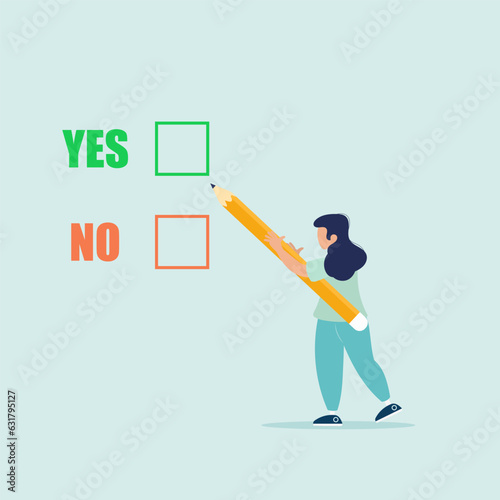 Compare a yes or no answer to a given question as a decision choice. business decision. The girl is holding a pencil. Flat vector illustration.
