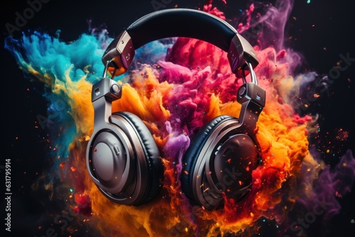 music background with headphones and vibrant colours explosion,