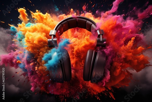 music background with headphones and vibrant colours explosion,