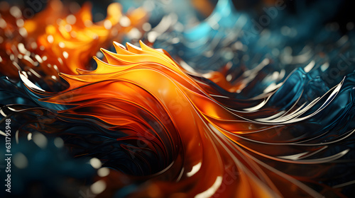 3d rendering of abstract wavy metallic background in orange and blue. Generative AI © kmmind