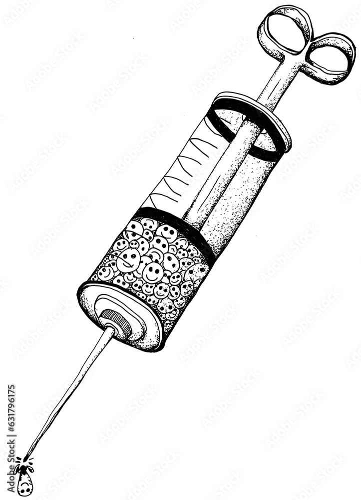 illustration of a syringe filled with smiley emojis