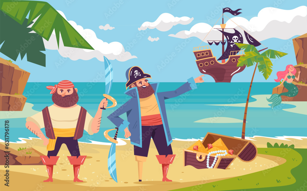 Pirate on island sea shore concept. Vector flat graphic design illustration