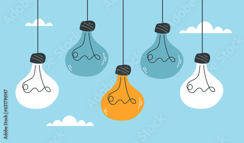 Light bulb lightbulb hang on rope idea abstract concept. Vector flat graphic design illustration